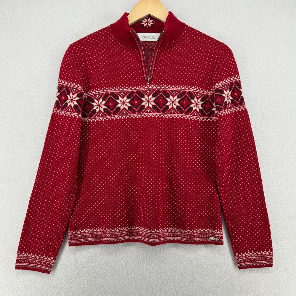 BULA Ski Sweater Women M Merino Wool Nordic Fair Isle Snowflakes 1/4 Zip Red Vtg
